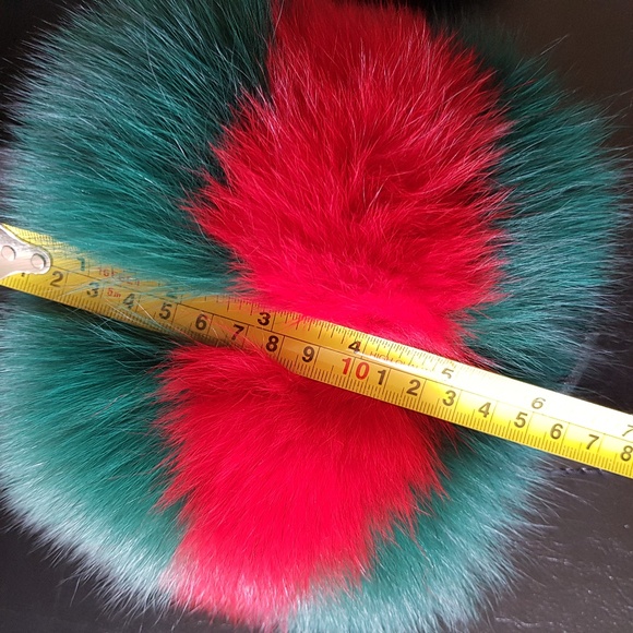 -Handmade Green Red Luxury Fox Fur Fluffy Slide - Picture 7 of 8
